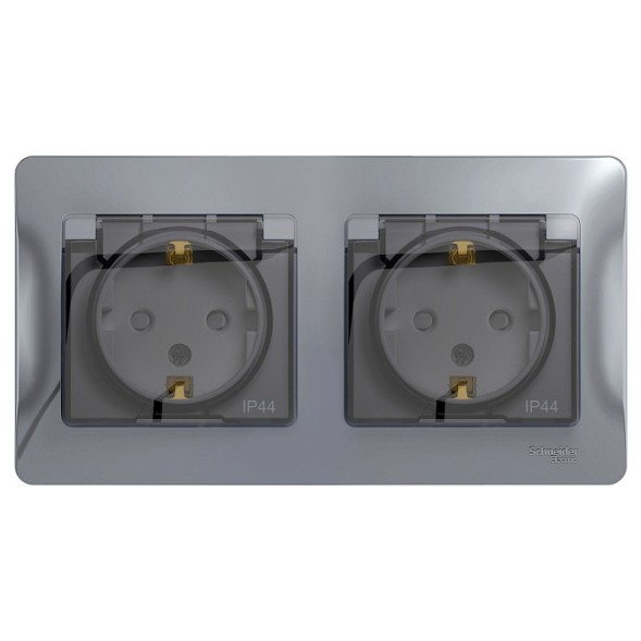 Розетка двойная с заземлением, со шторками, в сборе IP44 Schneider Electric Glossa Алюминий GSL000347