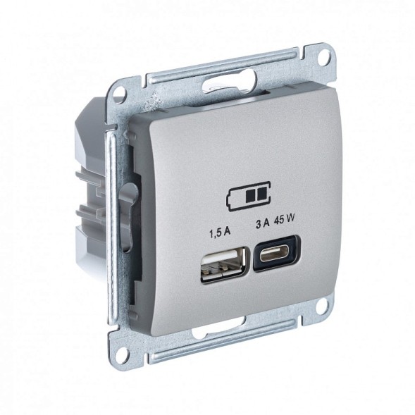 USB Розетка A + тип-C 45W высокоскор.заряд. QC, PD, механизм Schneider Electric Glossa Платина GSL001229