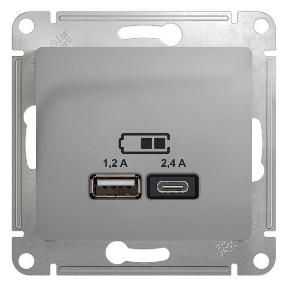 USB Розетка A+С, 5В/2,4А, 2х5В/1,2 А, механизм Schneider Electric Glossa Алюминий GSL000339