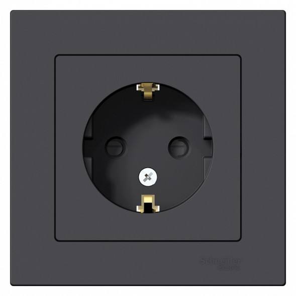 Розетка Schneider Electric Atlasdesign Карбон с заземлением со шторками, 16А, в сборе ATN001044