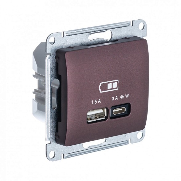 USB Розетка A + тип-C 45W высокоскор.заряд. QC,PD, механизм Schneider Electric Glossa Баклажановый GSL001129