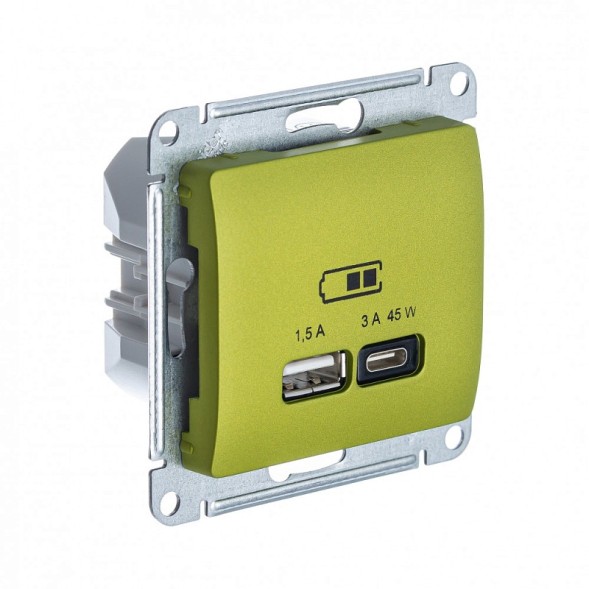 USB Розетка A + тип-C 45W высокоскор.заряд. QC, PD, механизм Schneider Electric Glossa Фисташковый GSL001029