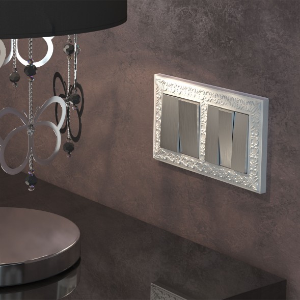 Выключатель двухклавишный проходной cеребряный рифленый W1122009