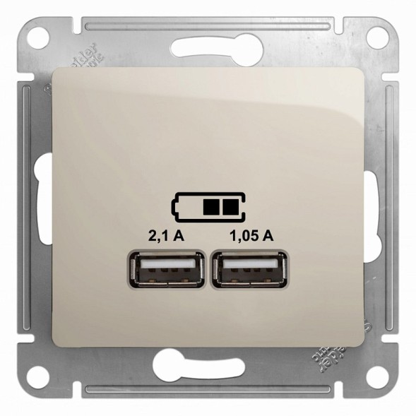 USB Розетка A+A, 5В/2,1 А, 2х5В/1,05 А, механизм Schneider Electric Glossa Молочный GSL000933