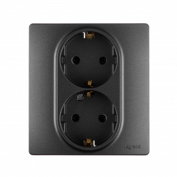 Розетка Legrand Etika антрацит 2 x 2К+З со шторками - немецкий стандарт - автоматические зажимы - 16 А - 250 В~ 672633