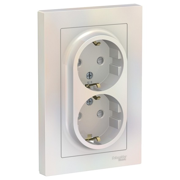 Розетка Schneider Electric Atlasdesign Жемчуг двойная с заземлением со шторками, 16А, в сборе ATN000426