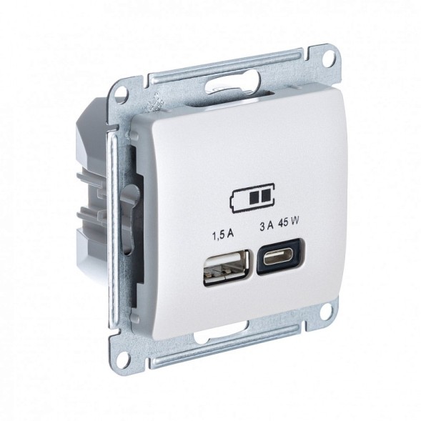 USB Розетка A + тип-C 45W высокоскор.заряд. QC, PD, механизм Schneider Electric Glossa Перламутр GSL000629