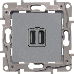 Зарядное устройство Legrand Etika алюминий с двумя USB разьемами 240В/5В 2400мА 672494