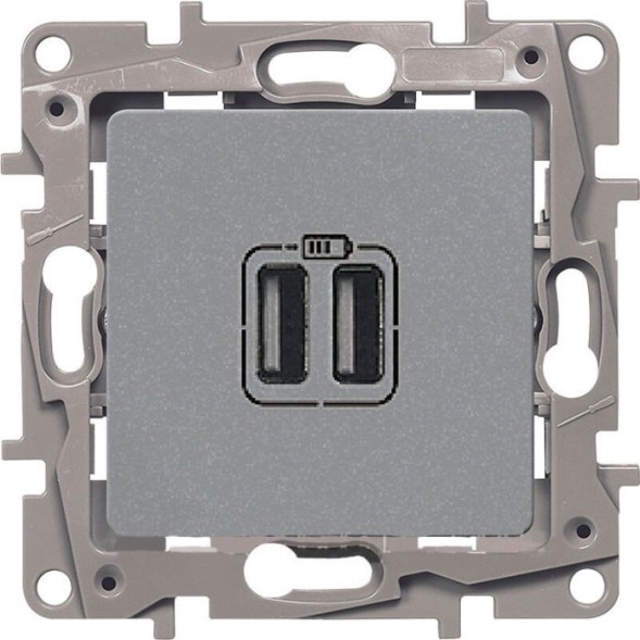 Зарядное устройство Legrand Etika алюминий с двумя USB разьемами 240В/5В 2400мА 672494