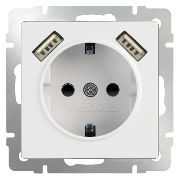 Розетка с заземлением, шторками и USBх2 (белая) Werkel W1171501