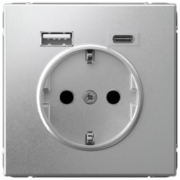 Розетка электрическая со шторками с зарядным устройством USB-A+C (Алюминий) Schneider Electric Systeme Art Gallery GAL000332