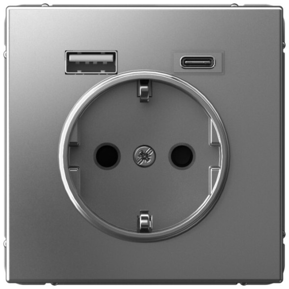 Розетка электрическая со шторками с зарядным устройством USB-A+C (Сталь) Schneider Electric Systeme Art Gallery GAL000932