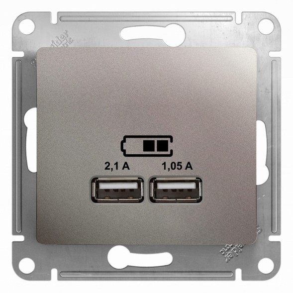 USB Розетка A+A, 5В/2,1 А, 2х5В/1,05 А, механизм Schneider Electric Glossa Платина GSL001233