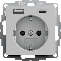 2459015 Розетка с з/к, с shutter, разъем USB двойн.A /C серый матовый Gira