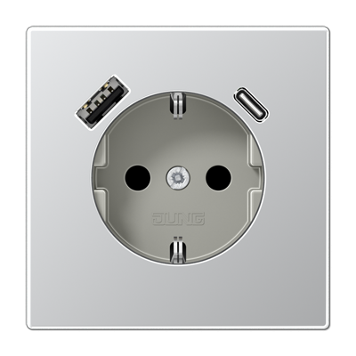 Розетка LS 990, LS plus, LS ZERO, LS-design 2К+З 16А 250В~, с разъемом USB Typ AC алюминий Jung LS серия AL1520-15CA