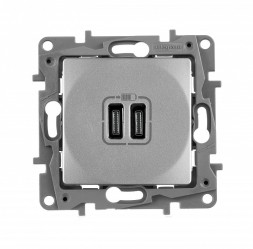 Зарядное устройство Legrand Etika Алюминий с двумя USB разьемами тип Cтип С 240В/5В 3000мА 672435