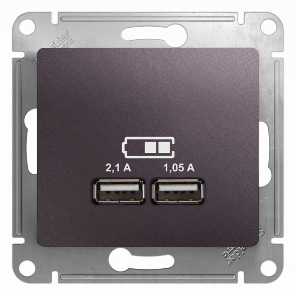 USB Розетка A+A, 5В/2,1 А, 2х5В/1,05 А, механизм Schneider Electric Glossa Сиреневый туман GSL001433