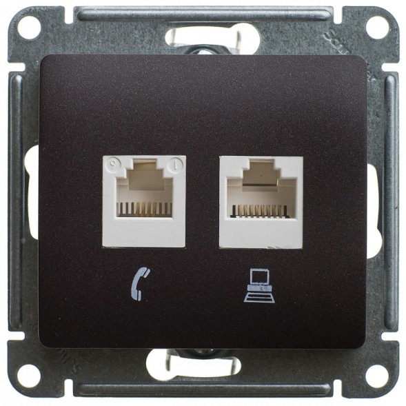 Розетка двойная компьютерная RJ45+RJ45, кат.5E, механизм Schneider Electric Glossa Шоколад GSL000885KK