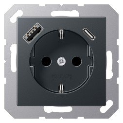 Розетка Jung AS 500 SCHUKO® с USB-зарядным устройством, тип A + тип С. термопласт. матовый антрацит A1520-15CAANM