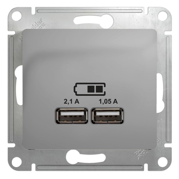 USB Розетка A+A, 5В/2,1 А, 2х5В/1,05 А, механизм Schneider Electric Glossa Алюминий GSL000333