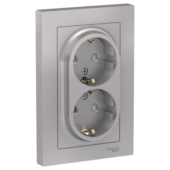 Розетка Schneider Electric Atlasdesign Алюминий двойная с заземлением со шторками, 16А, в сборе ATN000326