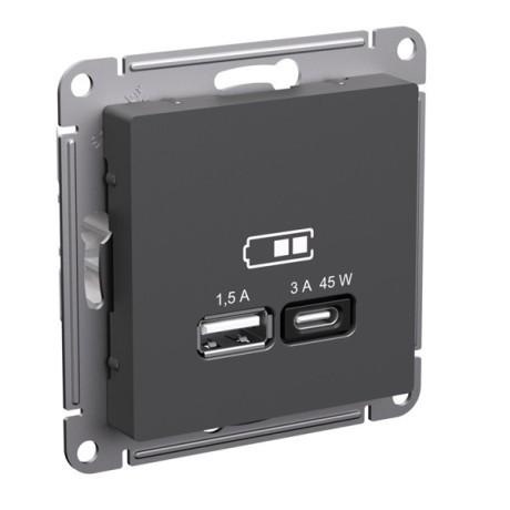 ATN001429 Atlasdesign USB РОЗЕТКА A + тип-C 45Вт высокоскор.заряд. QC, PD, механизм, БАЗАЛЬТ Schneider Electric