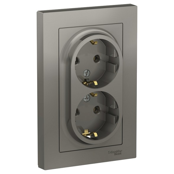 Розетка Schneider Electric Atlasdesign Сталь двойная с заземлением, 16А, в сборе ATN000924