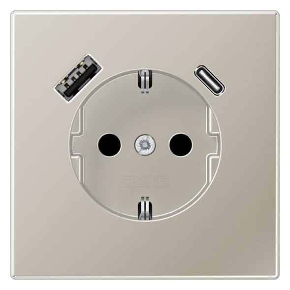 Розетка SCHUKO® с USB-зарядным устройством, тип A + тип С. термопласт. нержавеющая сталь Jung LS серия ES1520-15CA-L
