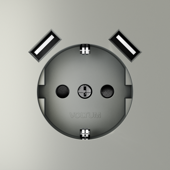 Розетка встраиваемая VOLTUM S70 с заземлением и защитными шторками, 16А, с USB, A+A, (сталь)