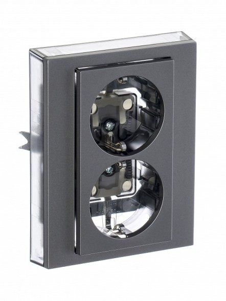 Розетка двойная ABB Levit сталь / дымчатый чёрный с заземлением со шторками 16А 2CHH223457C6069 5522H-C03457 69W