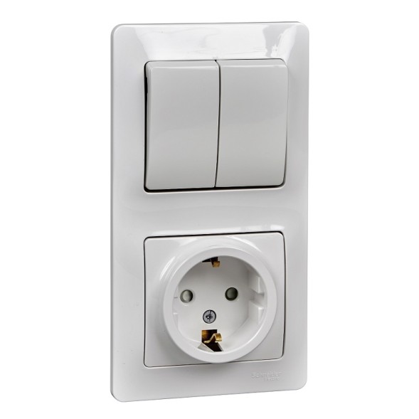 БЛОК: Розетка с зазем. со шторками+ 2-клавишный Выключатель Schneider Electric Glossa Белый GSL000174