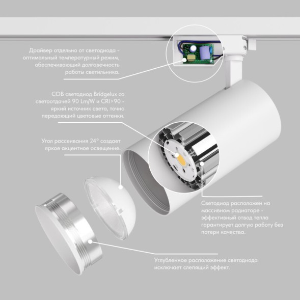 DK6455-WH Трековый светильник SOLID KOPER, 155мм, d80, 220V, LED 3000K, 30W, IP20, белый, алюминий