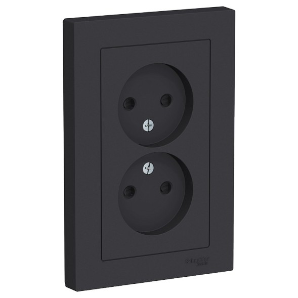 Розетка Schneider Electric Atlasdesign Карбон двойная без заземления со шторками,16А, в сборе ATN001022