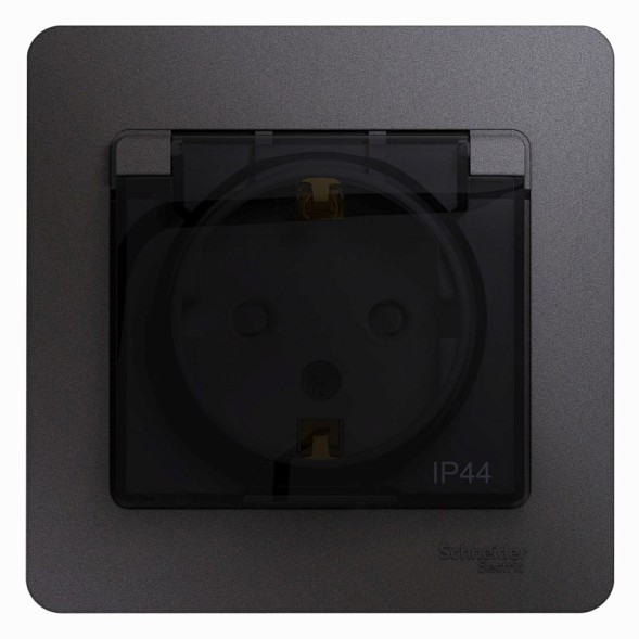 Розетка с зазем. со шторками с крышкой,IP4416А, 250В, в сборе Schneider Electric Glossa Графит GSL001348