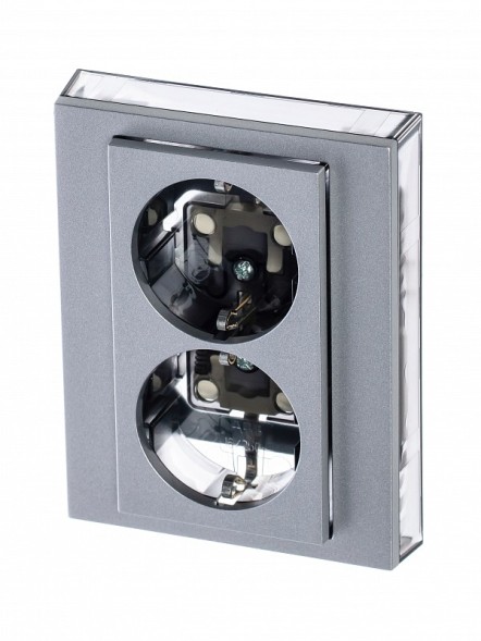 Розетка двойная ABB Levit серебро / дымчатый чёрный с заземлением со шторками 16А 2CHH223457C6070 5522H-C03457 70W