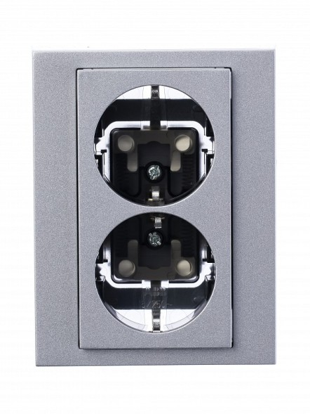 Розетка двойная ABB Levit серебро / дымчатый чёрный с заземлением со шторками 16А 2CHH223457C6070 5522H-C03457 70W