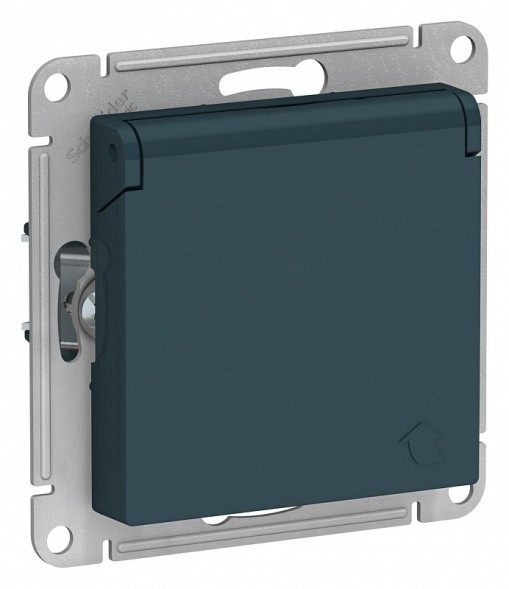Розетка Schneider Electric Atlasdesign Изумруд с заземлением со шторками с крышкой, 16А, IP20, механизм ATN000846