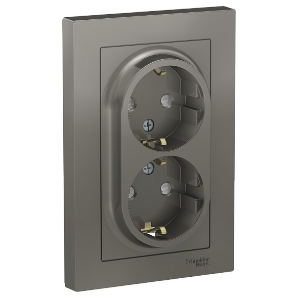 Розетка Schneider Electric Atlasdesign Сталь двойная с заземлением со шторками, 16А, в сборе ATN000926