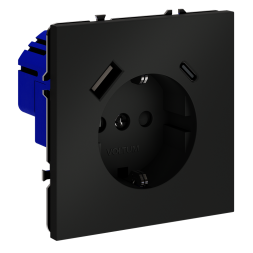 Розетка встраиваемая VOLTUM S70 с заземлением и защитными шторками, 16А, с USB, A+С, (черный матовый
