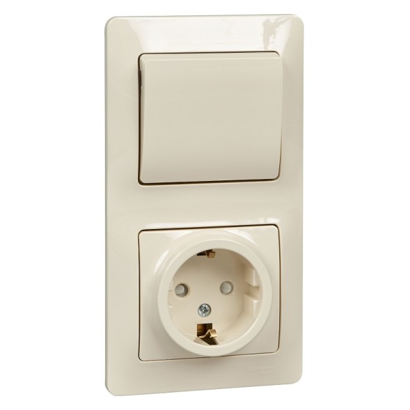 БЛОК: Розетка с заземлением со шторками + 1-клавишный Выключатель Schneider Electric Glossa Бежевый GSL000270