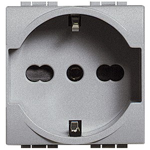 Розетка Bticino LivingLight Air Алюминий 2П + заземление (центр., боков.) 10А/16А с защитными шторками 2 модуля NT4140
