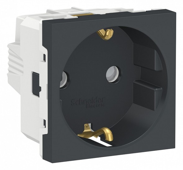 Розетка Schneider Electric Unica Modular Антрацит с заземлением со шторками, винтовой зажим, 16А, 250В, 2 мод NU303754