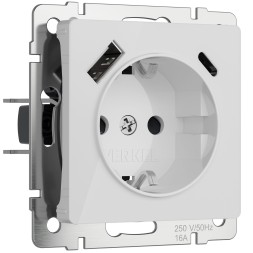 Розетка с заземлением, шторками и USB тип A+C (белый акрил) W1171741