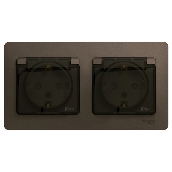 Розетка двойная с заземлением, со шторками, в сборе IP44 Schneider Electric Glossa Шоколад GSL000847