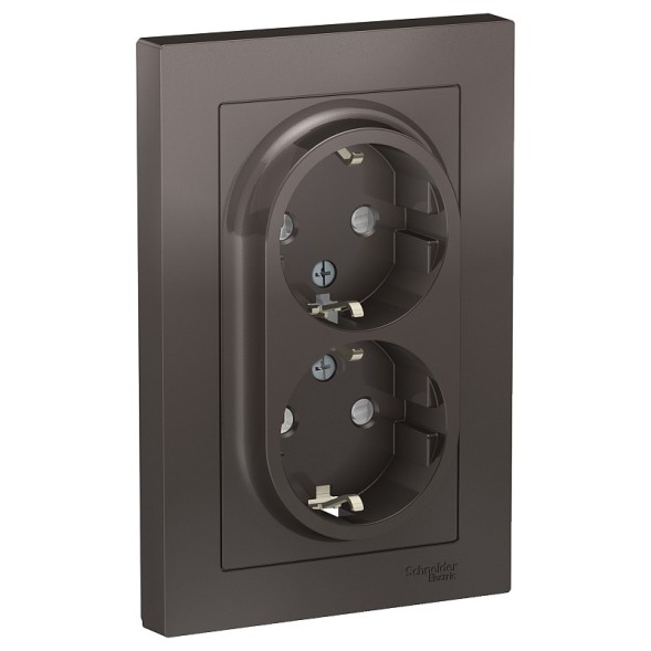 Розетка Schneider Electric Atlasdesign Мокко двойная с заземлением со шторками, 16А, в сборе ATN000626
