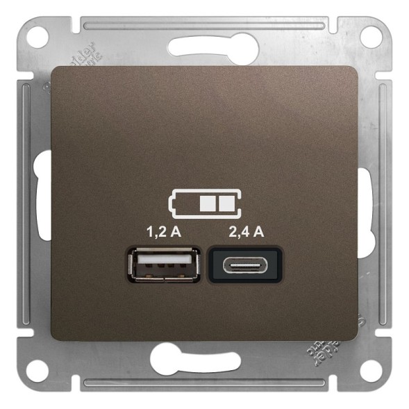 USB Розетка A+С, 5В/2,4А, 2х5В/1,2 А, механизм Schneider Electric Glossa Шоколад GSL000839