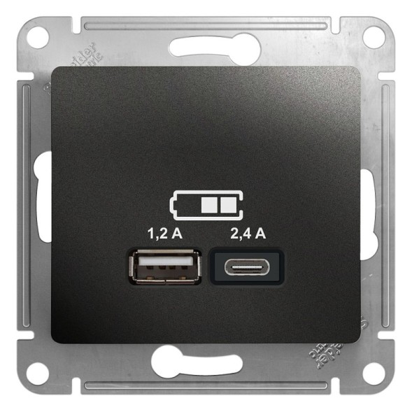 USB Розетка A+С, 5В/2,4А, 2х5В/1,2 А, механизм Schneider Electric Glossa Антрацит GSL000739