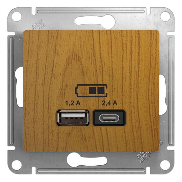USB Розетка A+С, 5В/2,4А, 2х5В/1,2 А, механизм Schneider Electric Glossa Дуб GSL000539