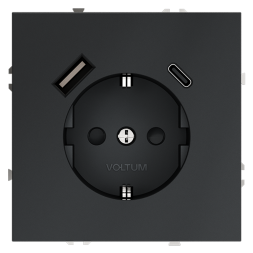 Розетка встраиваемая VOLTUM S70 с заземлением и защитными шторками, 16А, с USB, A+С, (графит)