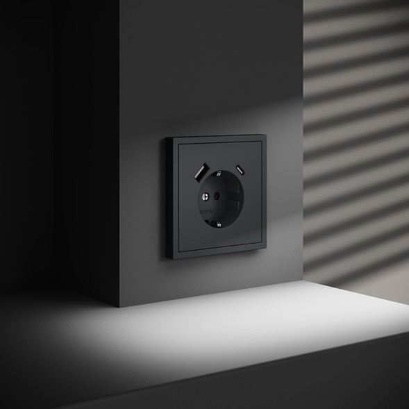 Розетка встраиваемая VOLTUM S70 с заземлением и защитными шторками, 16А, с USB, A+С, (графит)